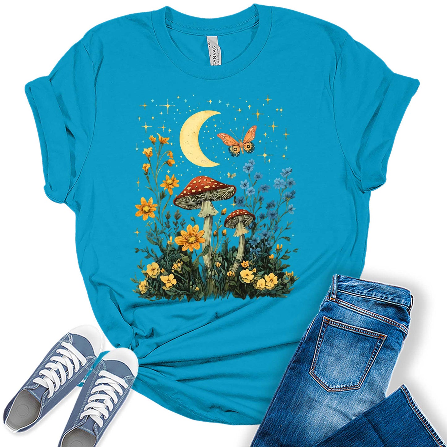Womens Floral Shirts Wildflower Mushroom Graphic Tees Spring Butterfly Short Sleeve Cottagecore T Shirts Bella Summer Tops