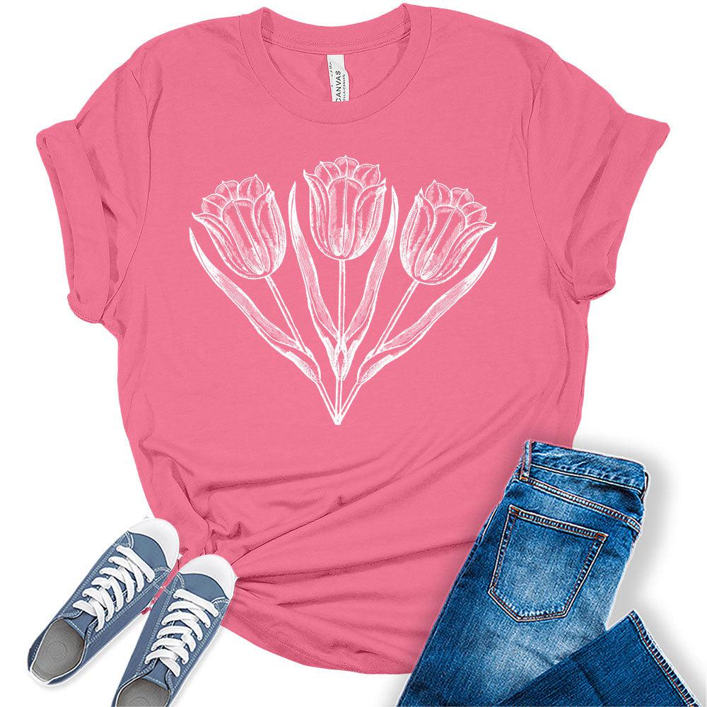 Womens Tulip Shirts Casual Ladies Cute Floral Graphic Tees Spring Short Sleeve T Shirts Plus Size Summer Tops for Women