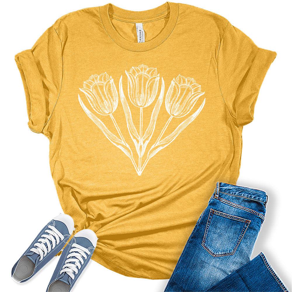 Womens Tulip Shirts Casual Ladies Cute Floral Graphic Tees Spring Short Sleeve T Shirts Plus Size Summer Tops for Women