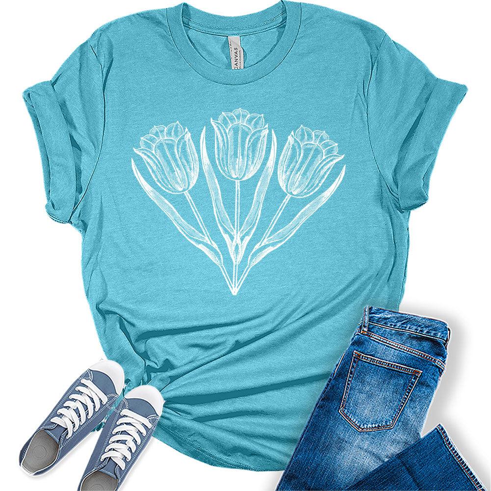 Womens Tulip Shirts Casual Ladies Cute Floral Graphic Tees Spring Short Sleeve T Shirts Plus Size Summer Tops for Women