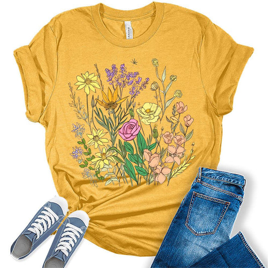 Womens Floral Shirts Casual Wildflower Graphic Tees Spring Short Sleeve T Shirts Plus Size Summer Tops, Floral