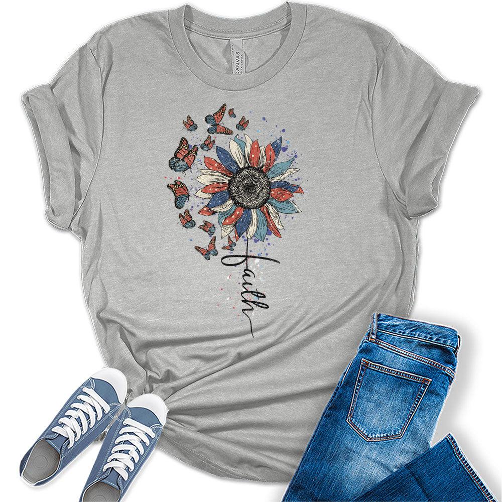 Womens 4th of July Faith Sunflower Butterflies Patriotic American Short Sleeve Vintage Graphic Tees