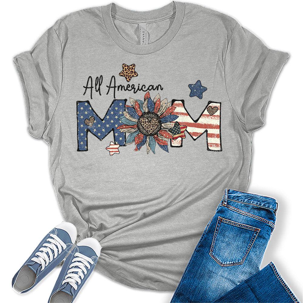 Womens All American Mom Sunflower 4th of July Shirts Short Sleeve Vintage Graphic Tees