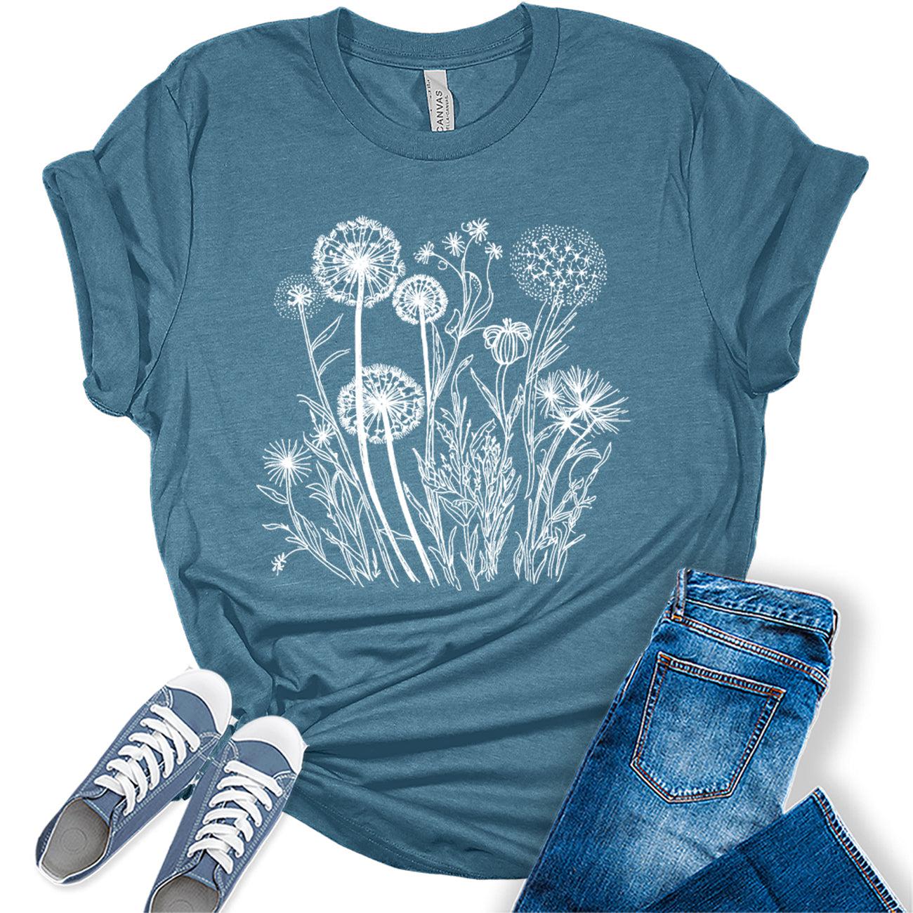 Womens Floral Shirts Casual Wildflower Graphic Tees Spring Short Sleeve T Shirts Plus Size Summer Tops