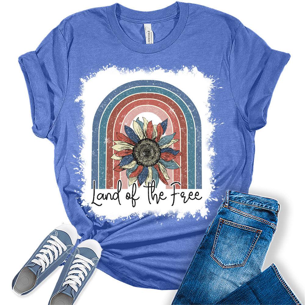 Womens 4th of July Shirts Land of The Free Patriotic American Mom Sunflower Short Sleeve Vintage Graphic Tees