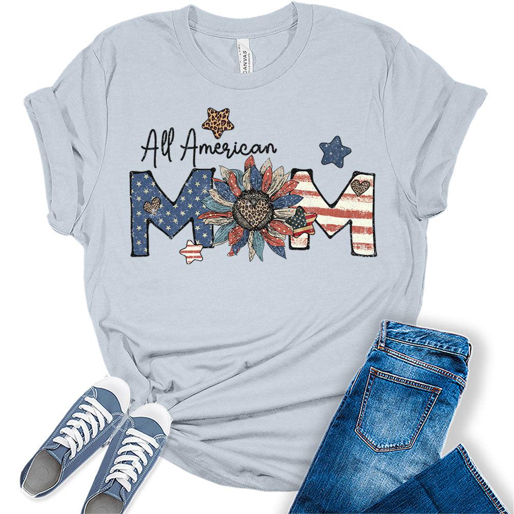 Womens All American Mom Sunflower 4th of July Shirts Short Sleeve Vintage Graphic Tees