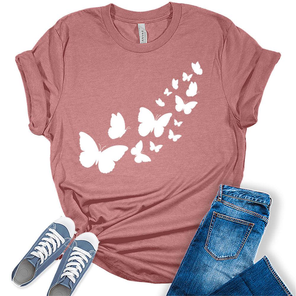 Cute Butterfly White Silhouette Shirt Casual Ladies Cute Floral Bella Graphic Tees Spring Short Sleeve Plus Size Summer Tops for Women