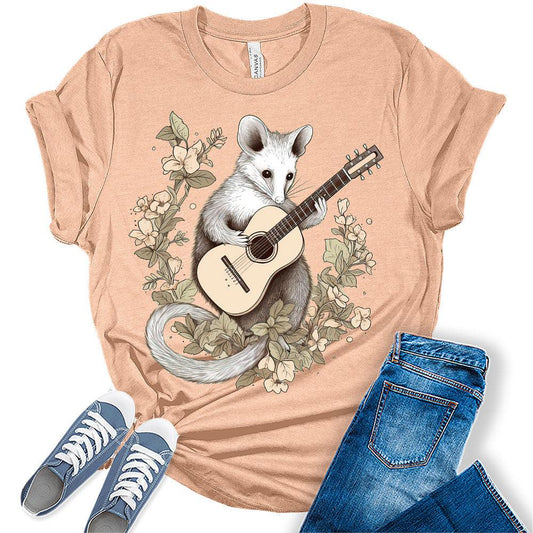 Womens Possum Shirt Cottagecore Clothing Possum Playing Guitar T-Shirts Cute Short Sleeve Graphic Tees Plus Size Summer Tops