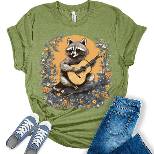 Womens Retro Raccoon Playing Guitar Shirt Cottagecore Clothing Animal Playing Music T-Shirts Cute Short Sleeve Graphic Tees Plus Size Summer Tops