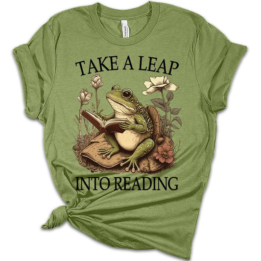 Womens Frog Reading Teacher Shirt Take A Leap Into Reading T-Shirt Funny Graphic Tee Short Sleeve Top