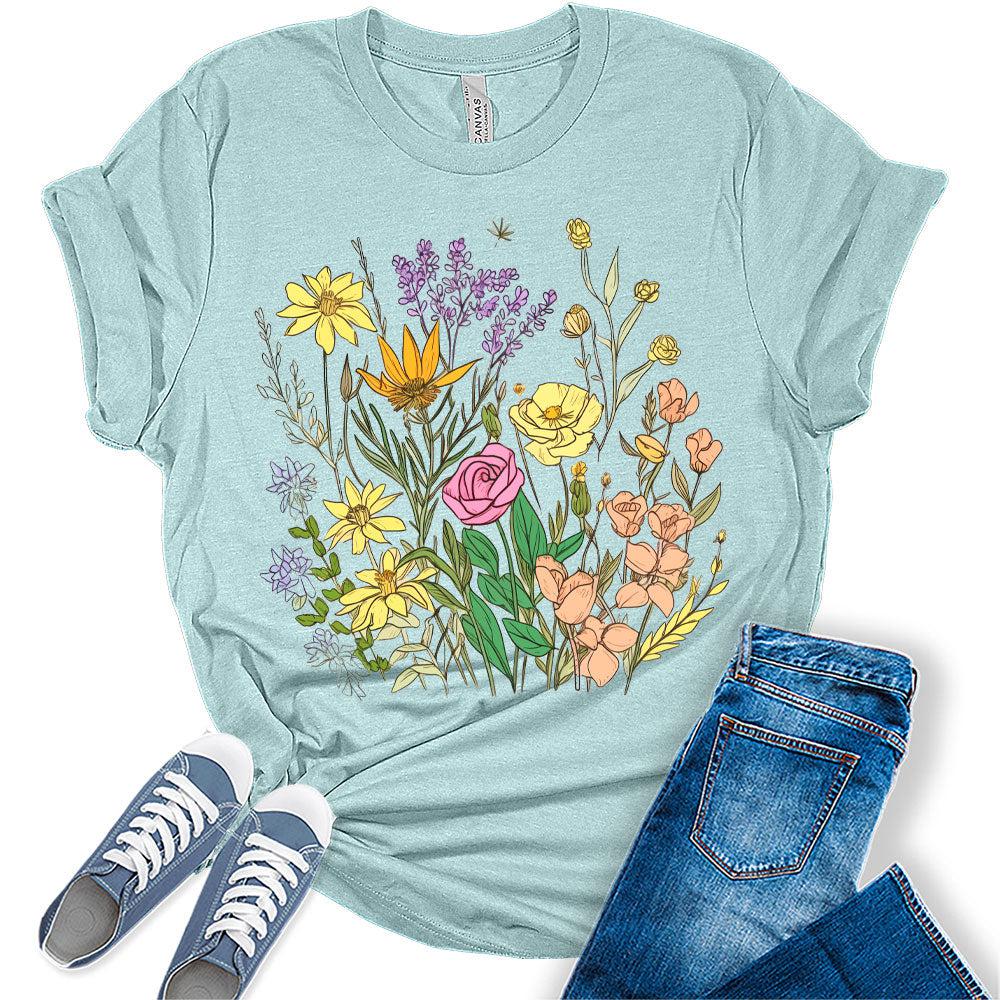 Womens Floral Shirts Casual Wildflower Graphic Tees Spring Short Sleeve T Shirts Plus Size Summer Tops, Floral