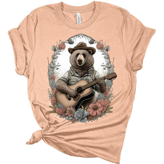 Womens Cottagecore Shirt Bear Playing Guitar T-Shirt Cute Floral Graphic Tee Short Sleeve Top