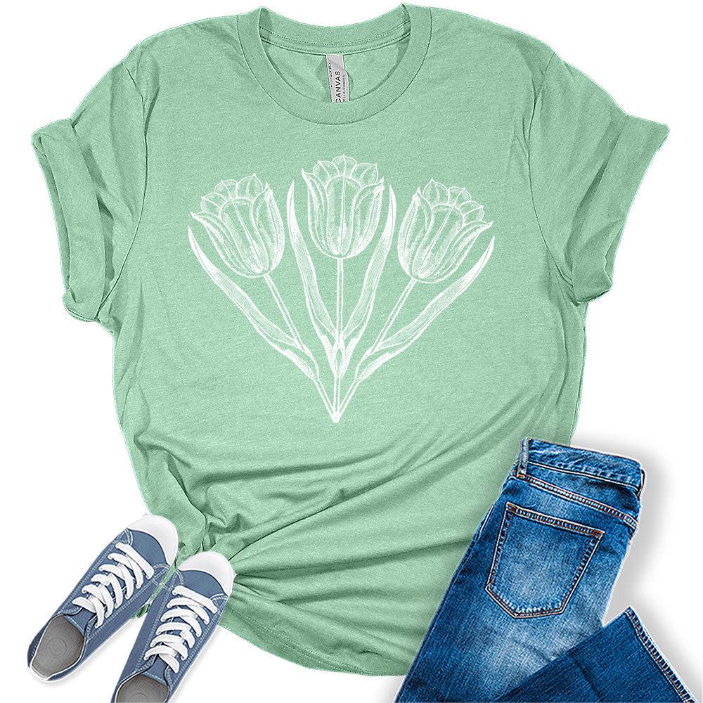 Womens Tulip Shirts Casual Ladies Cute Floral Graphic Tees Spring Short Sleeve T Shirts Plus Size Summer Tops for Women