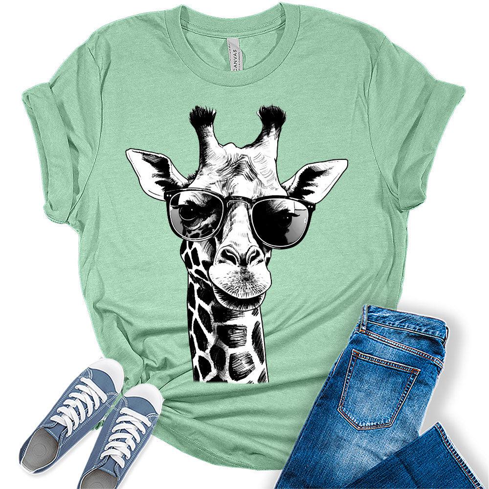 Womens Black And White Giraffe With Glasses Shirts Casual Ladies Cute Graphic Tees Spring Short Sleeve T Shirts Plus Size Summer Tops