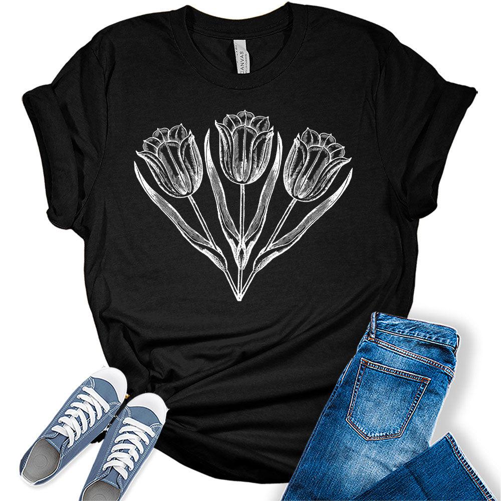 Womens Tulip Shirts Casual Ladies Cute Floral Graphic Tees Spring Short Sleeve T Shirts Plus Size Summer Tops for Women