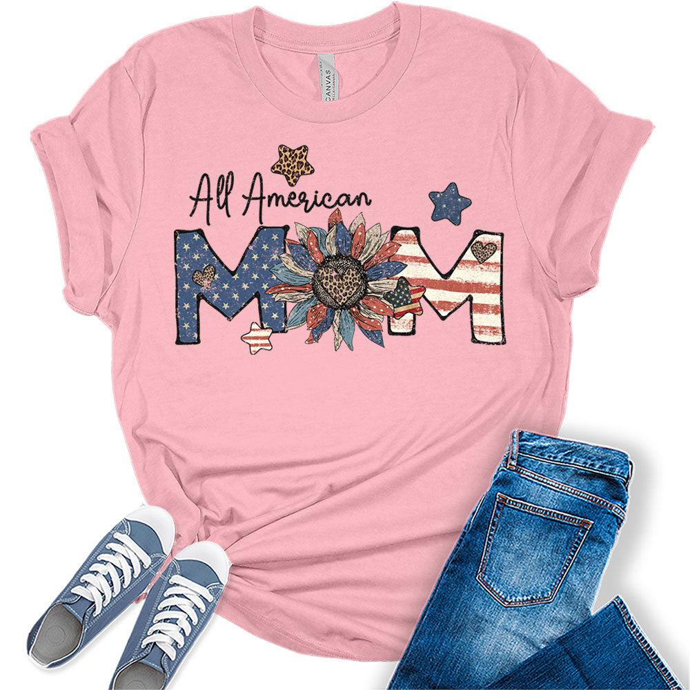 Womens All American Mom Sunflower 4th of July Shirts Short Sleeve Vintage Graphic Tees