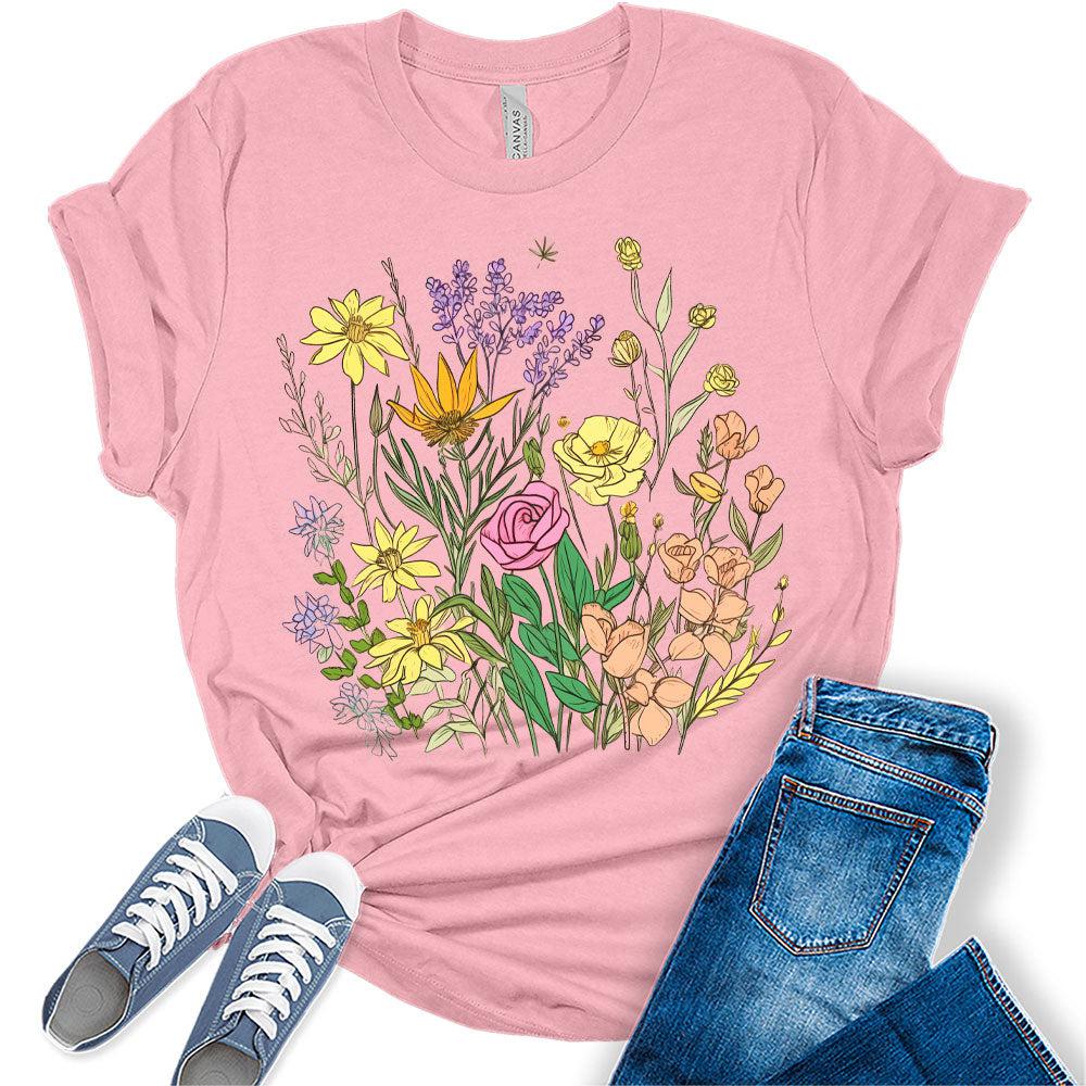 Womens Floral Shirts Casual Wildflower Graphic Tees Spring Short Sleeve T Shirts Plus Size Summer Tops, Floral