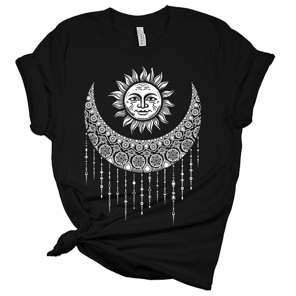 Womens Mandala Sun and Moon Trendy Shirt Casual Bella Graphic Tees Short Sleeve Plus Size Vacation Classic-Fit Summer Tops