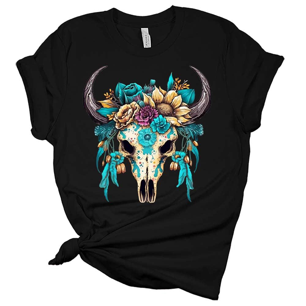 Womans Floral Bull Skull T-Shirt Cute Western Shirt Casual Graphic Tee Short Sleeve Top