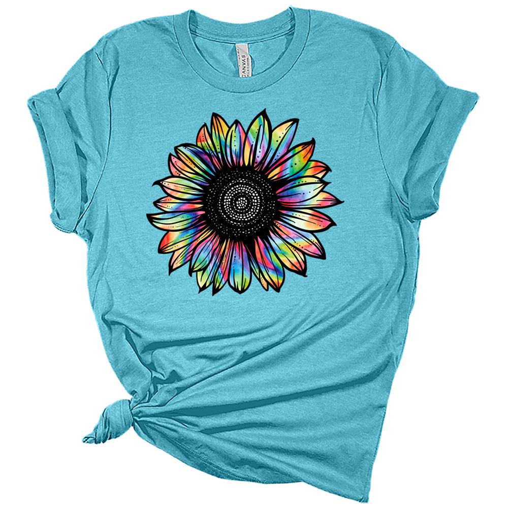 Womens Sunflower Shirts Tie Dye Style Ladies Cute Graphic Tees Spring Short Sleeve T Shirts Plus Size Summer Tops for Women