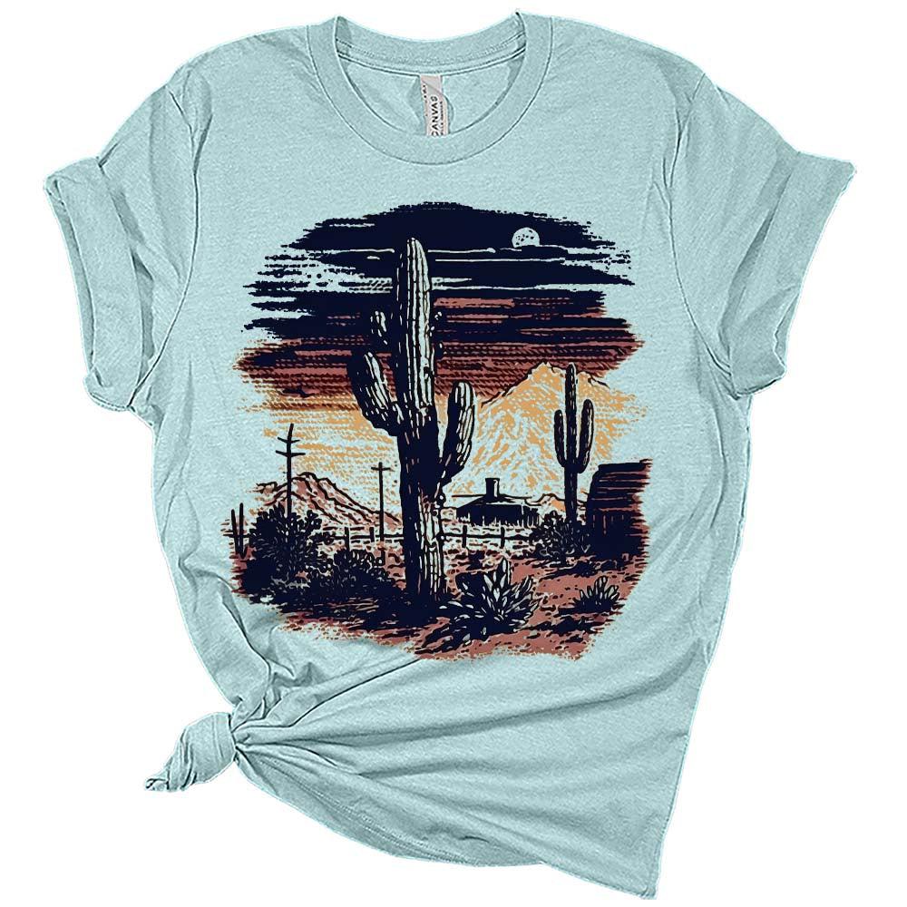 Womens Desert Cactus Ranch Scene T-Shirt Cute Western Shirt Casual Graphic Tee Short Sleeve Top