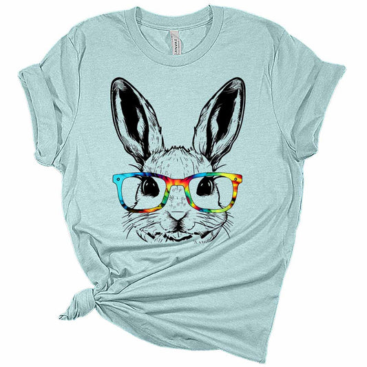 Womens Bunny with Tie Dye Glasses T-Shirt Cute Easter Shirt Funny Graphic Tees