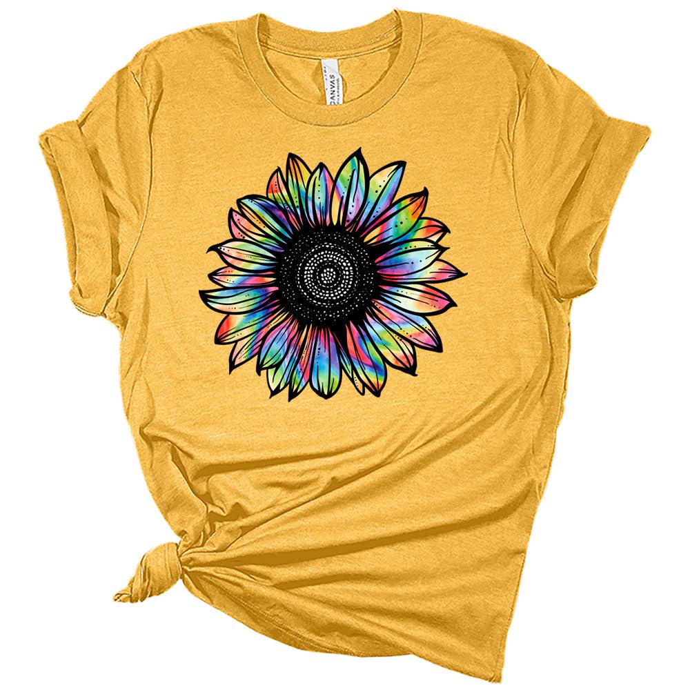 Womens Sunflower Shirts Tie Dye Style Ladies Cute Graphic Tees Spring Short Sleeve T Shirts Plus Size Summer Tops for Women