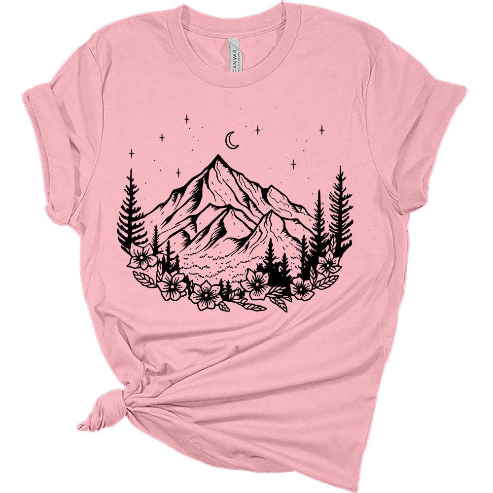Womens Camping Shirts Floral Mountain Ladies Cute Graphic Tees Spring Short Sleeve T Shirts Plus Size Summer Tops for Women
