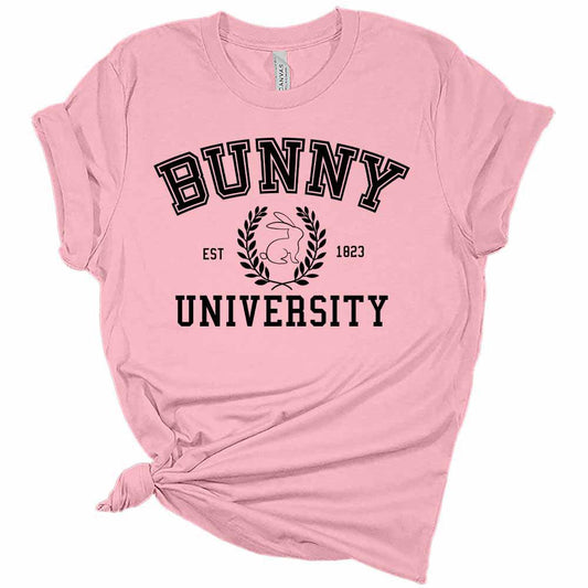 Womens Easter Shirt Bunny University T-Shirt Cute Letter Print Graphic Tee Short Sleeve Top