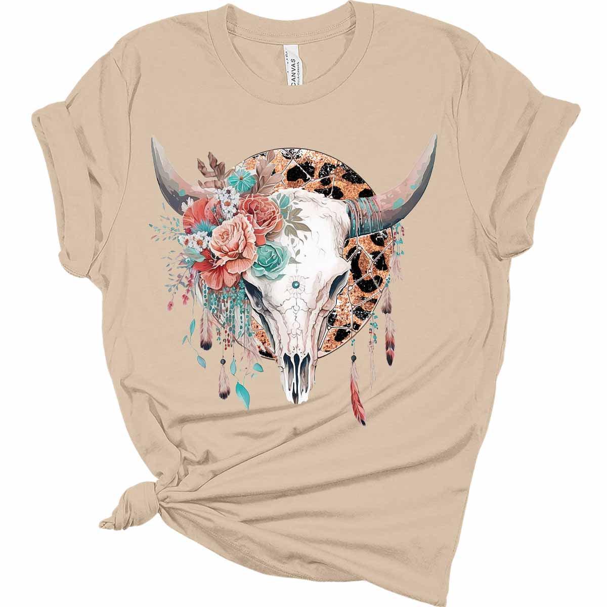 Womens Bull Skull Leopard Print Dream Catcher T-Shirt Cute Western Shirt Casual Graphic Tee Short Sleeve Top