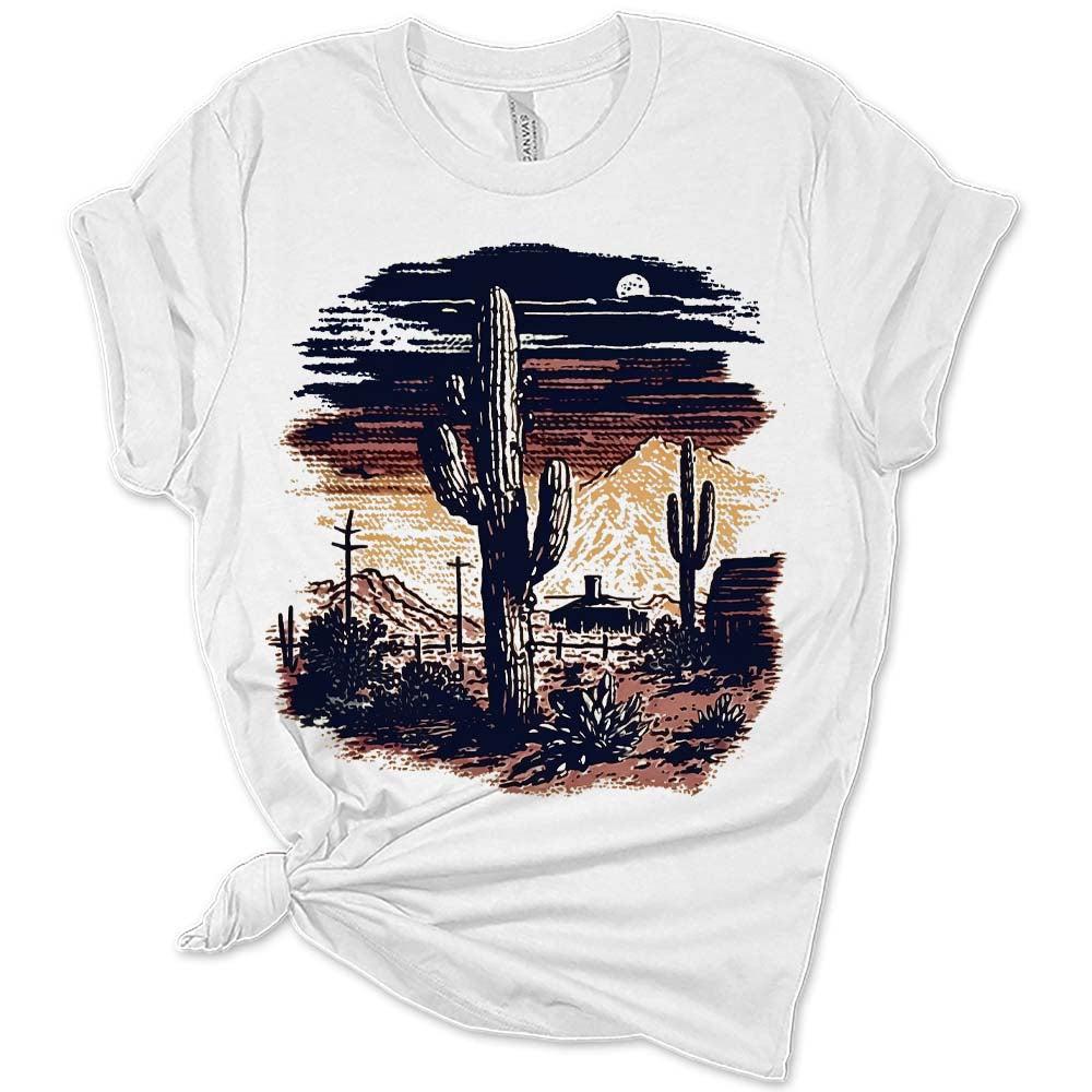 Womens Desert Cactus Ranch Scene T-Shirt Cute Western Shirt Casual Graphic Tee Short Sleeve Top