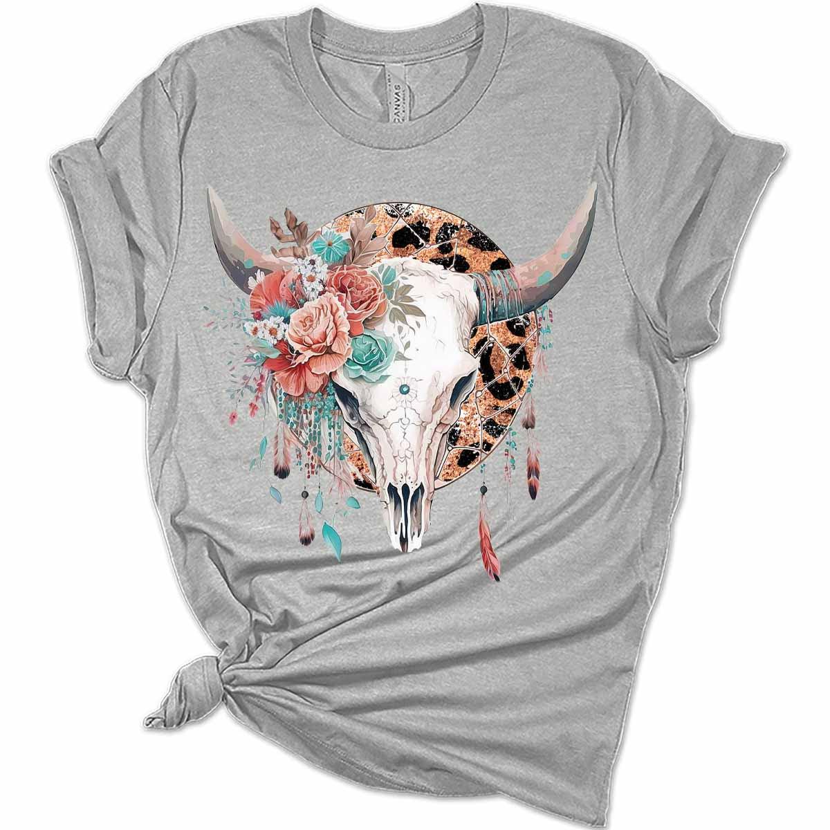 Womens Bull Skull Leopard Print Dream Catcher T-Shirt Cute Western Shirt Casual Graphic Tee Short Sleeve Top