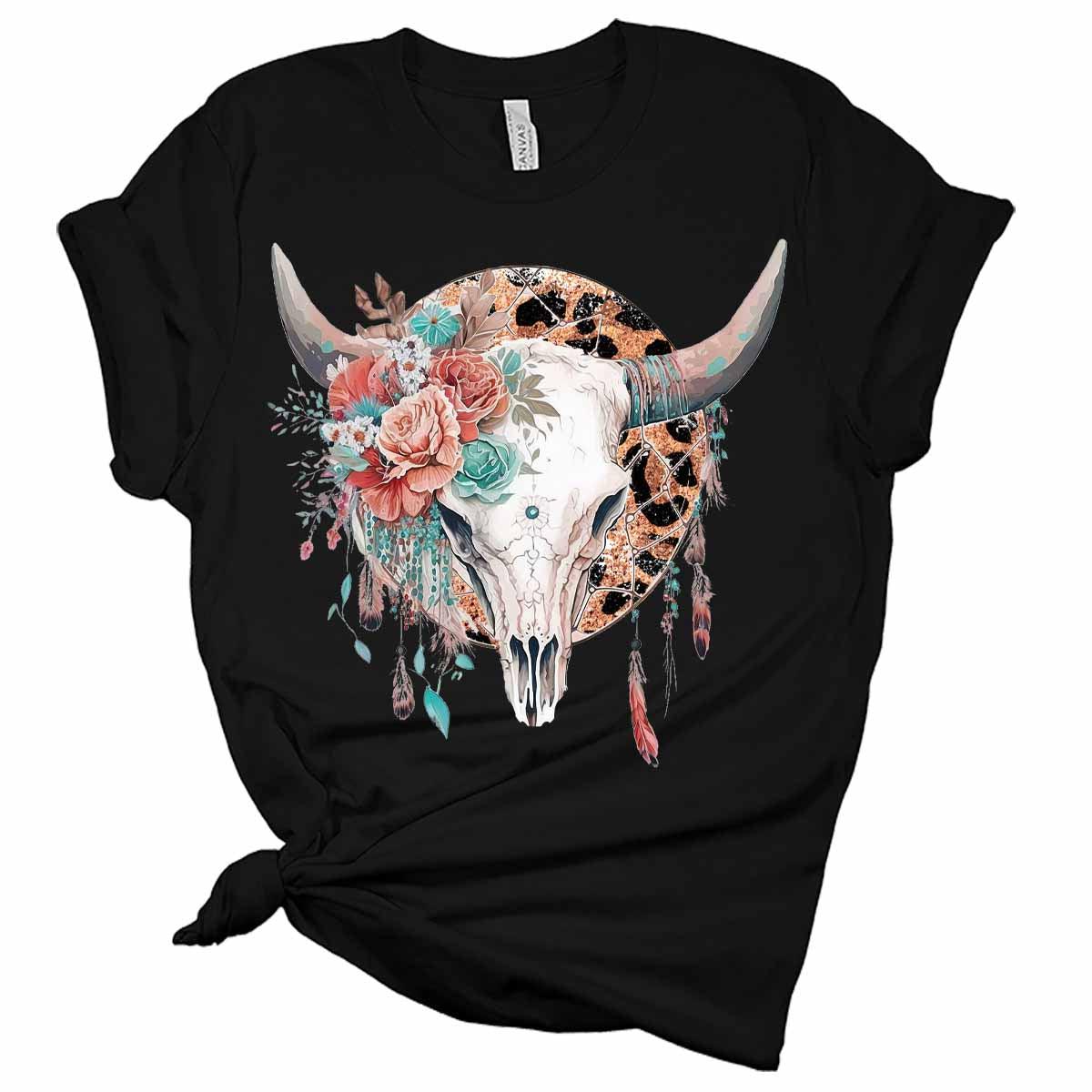 Womens Bull Skull Leopard Print Dream Catcher T-Shirt Cute Western Shirt Casual Graphic Tee Short Sleeve Top
