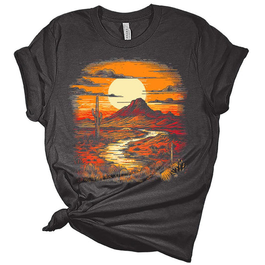 Womens Western Sunset Shirts Casual Desert Cactus Tshirts Cute Country Short Sleeve Graphic Tees Plus Size Tops for Women