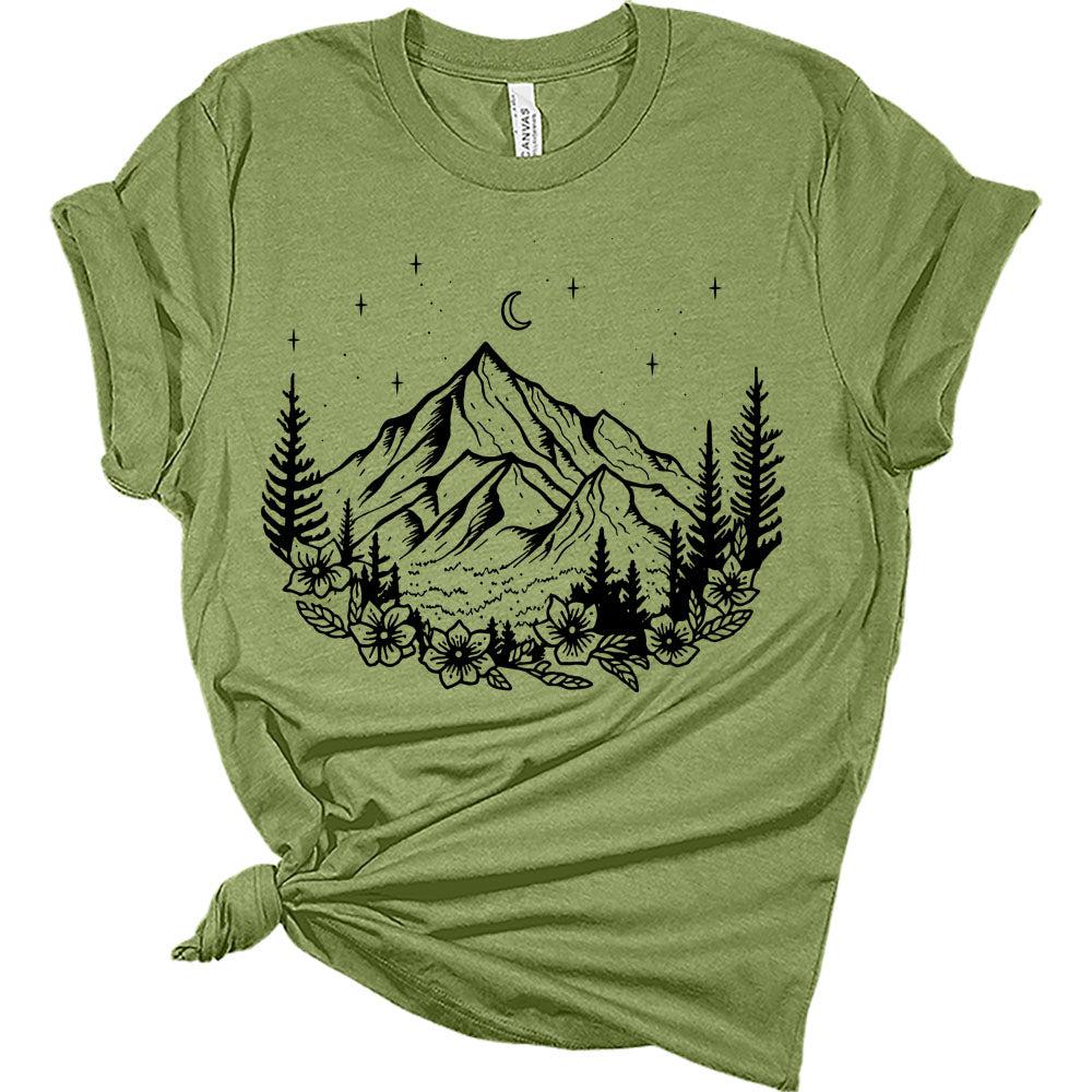 Womens Camping Shirts Floral Mountain Ladies Cute Graphic Tees Spring Short Sleeve T Shirts Plus Size Summer Tops for Women