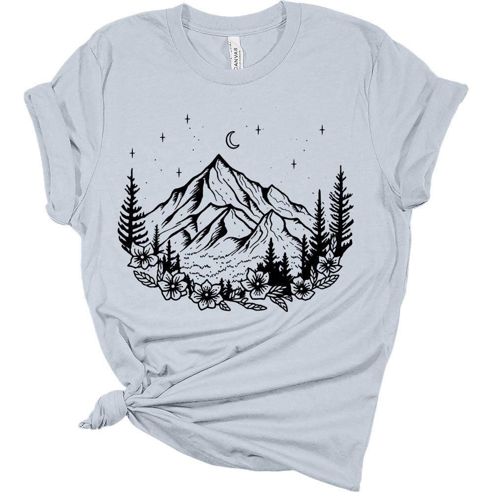 Womens Camping Shirts Floral Mountain Ladies Cute Graphic Tees Spring Short Sleeve T Shirts Plus Size Summer Tops for Women