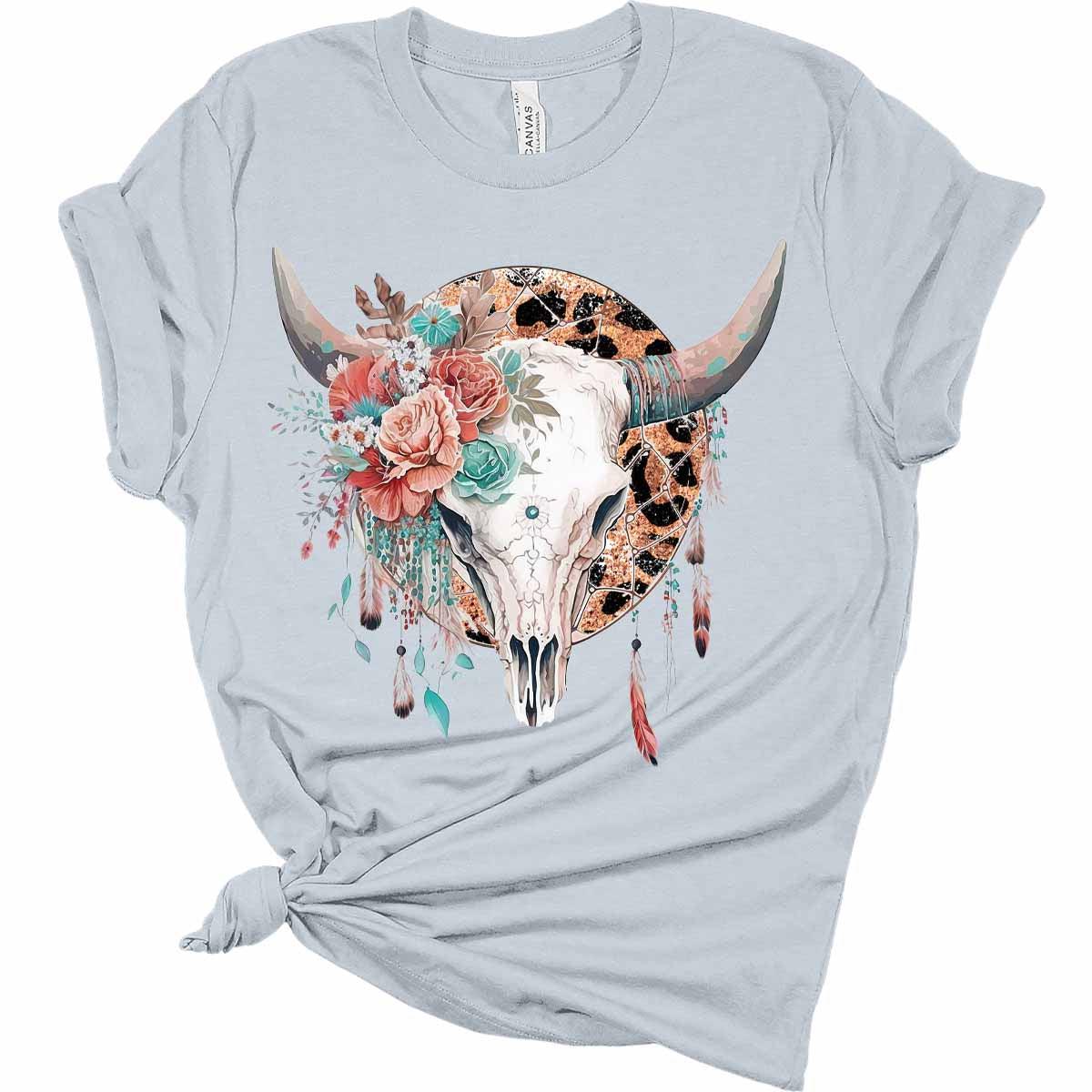 Womens Bull Skull Leopard Print Dream Catcher T-Shirt Cute Western Shirt Casual Graphic Tee Short Sleeve Top