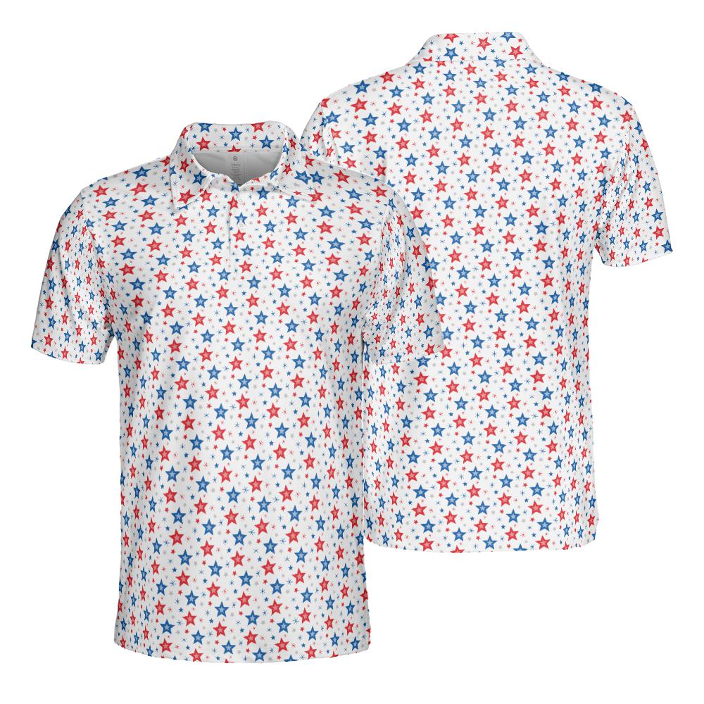 4th of July Polo Shirts for Men White Patriotic Stars Moisture Wicking Short Sleeve Golf Shirt