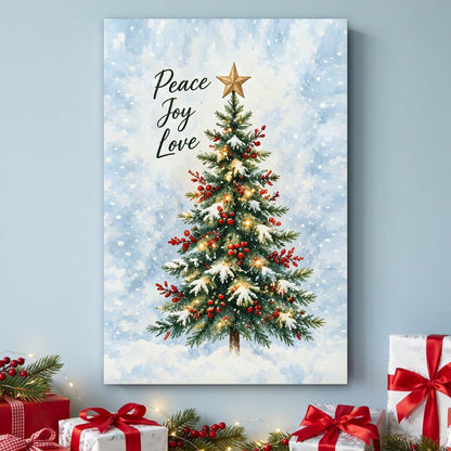 Peace Joy Love Christmas Canvas Wall Art – Watercolor Christmas Tree Holiday Decor, Vertical 8x12 16x24 24x36