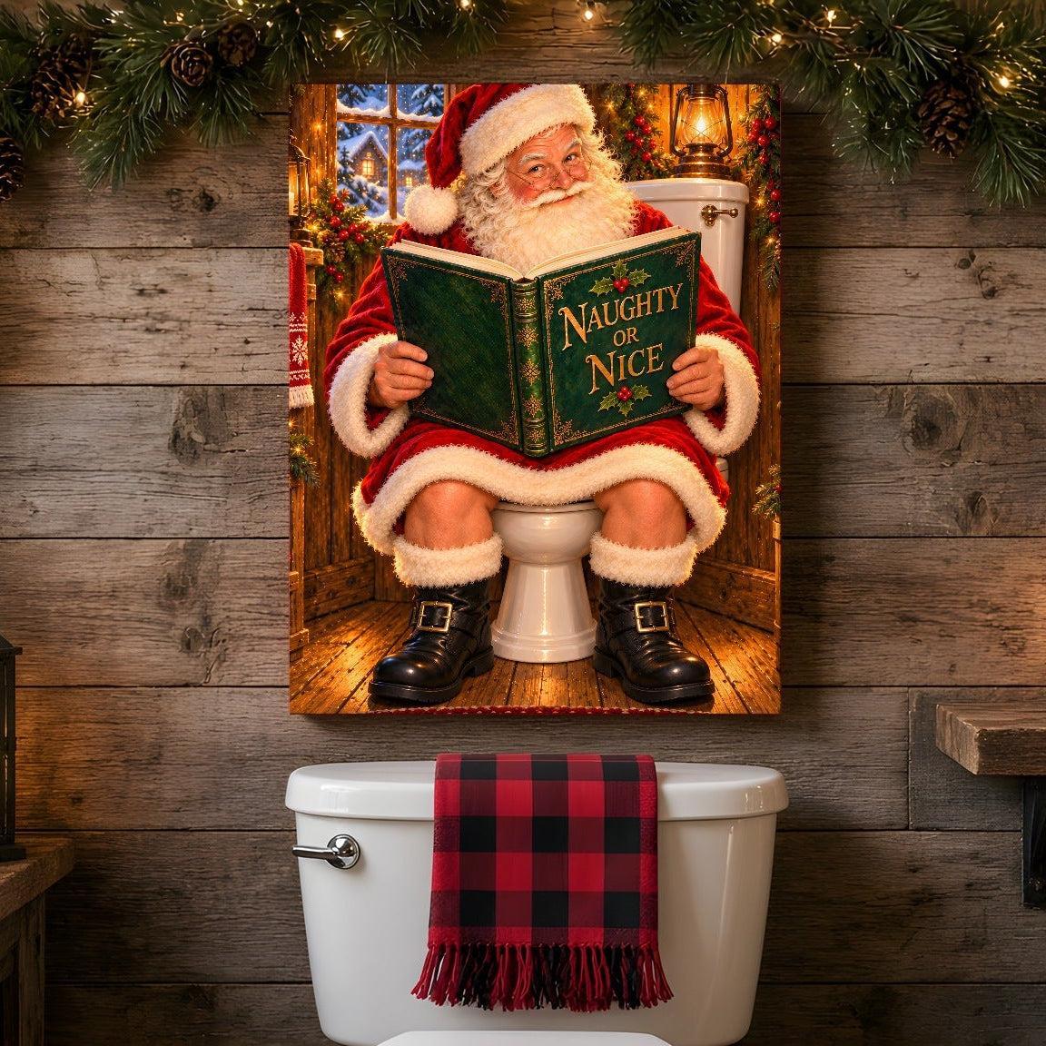 Santa Naughty or Nice Bathroom Canvas Wall Art – Funny Christmas Bathroom Decor, Vertical 8x12 16x24 24x36