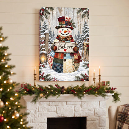 Patchwork Snowman Believe Canvas Wall Art – Rustic Christmas Decor, Vertical 8x12 16x24 24x36