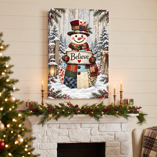Patchwork Snowman Believe Canvas Wall Art – Rustic Christmas Decor, Vertical 8x12 16x24 24x36