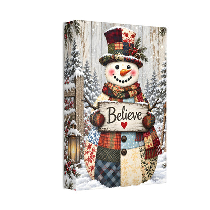 Patchwork Snowman Believe Canvas Wall Art – Rustic Christmas Decor, Vertical 8x12 16x24 24x36