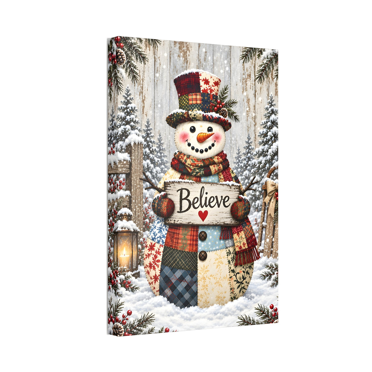 Patchwork Snowman Believe Canvas Wall Art – Rustic Christmas Decor, Vertical 8x12 16x24 24x36