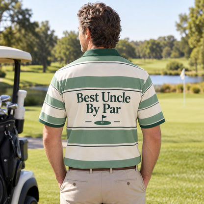 Best Uncle By Par golf polo worn on the golf course, back