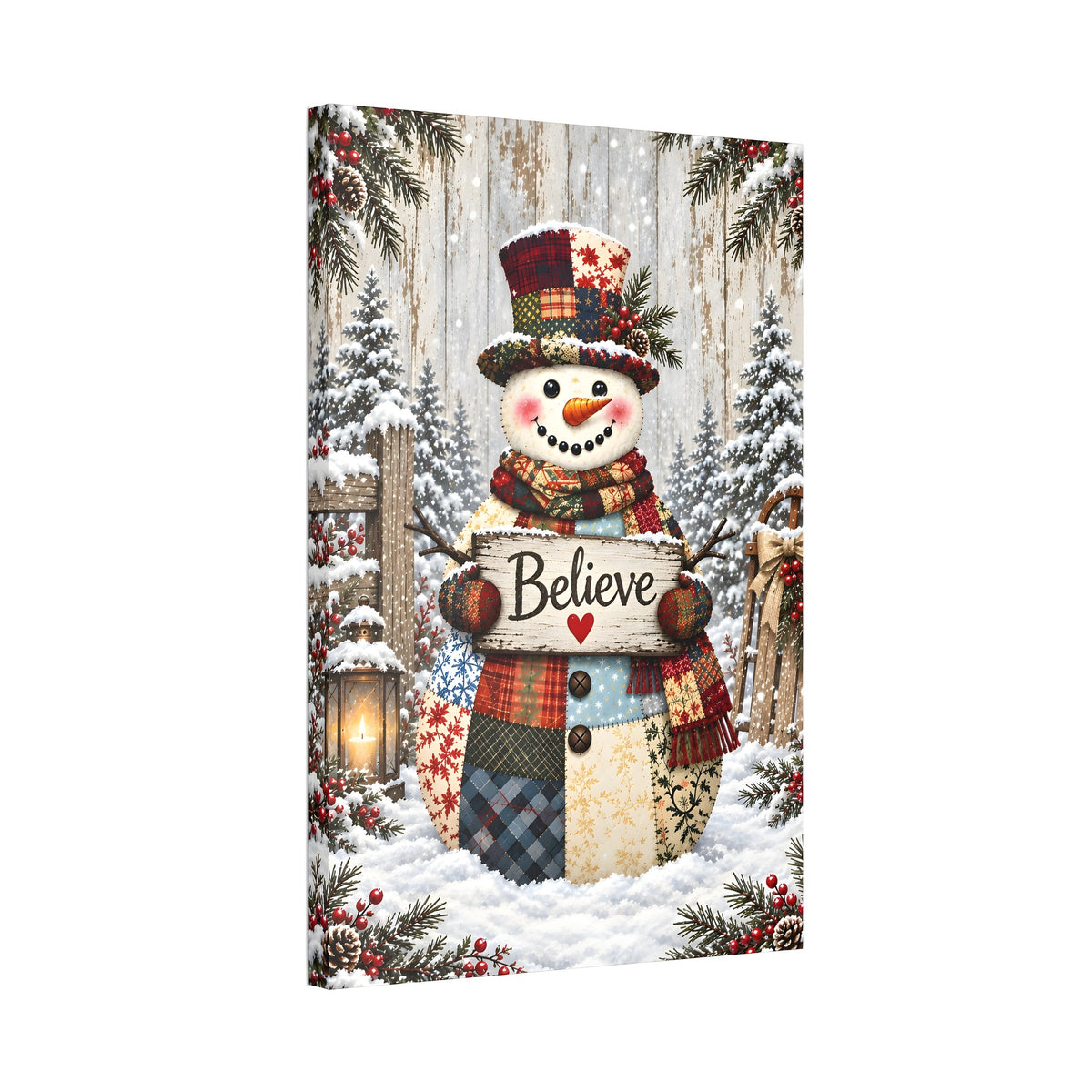 Patchwork Snowman Believe Canvas Wall Art – Rustic Christmas Decor, Vertical 8x12 16x24 24x36