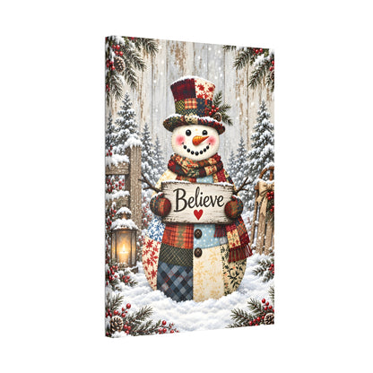 Patchwork Snowman Believe Canvas Wall Art – Rustic Christmas Decor, Vertical 8x12 16x24 24x36