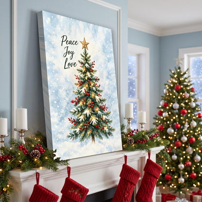 Peace Joy Love Christmas Canvas Wall Art – Watercolor Christmas Tree Holiday Decor, Vertical 8x12 16x24 24x36