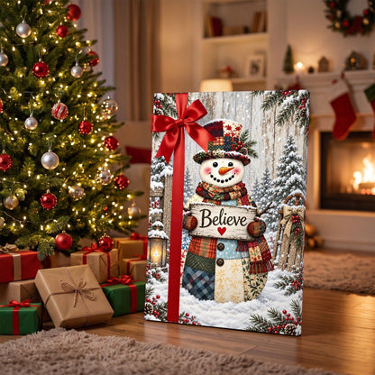 Patchwork Snowman Believe Canvas Wall Art – Rustic Christmas Decor, Vertical 8x12 16x24 24x36