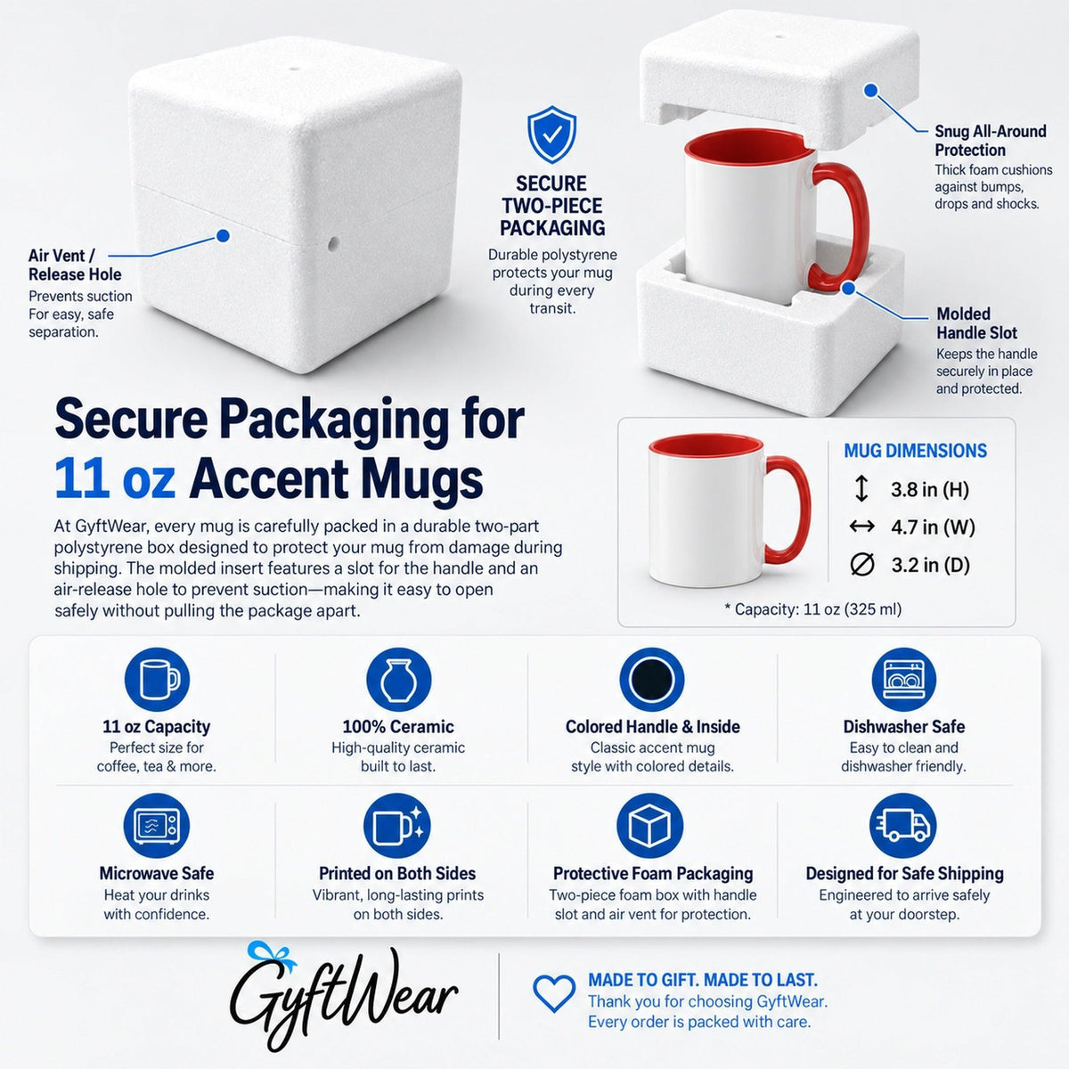 Protective styrofoam box for 11oz accent mug